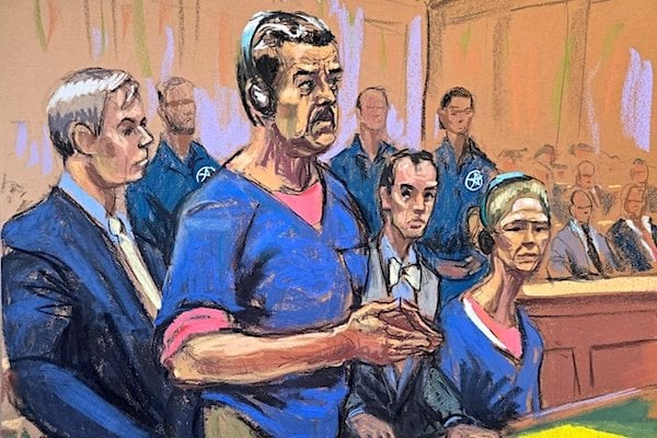 马杜罗与妻子西莉亚·弗洛雷斯出庭法庭素描
